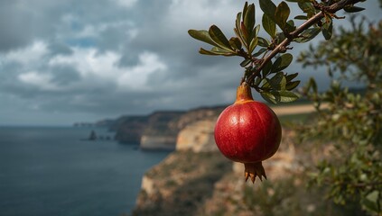 A vibrant red pomegranate hangs from a branch against a backdrop of dramatic coastal scenery.