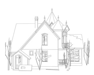 Abandoned house with a turret in a contour drawing style, surrounded by trees against a white background.