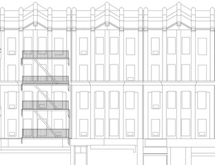 Detailed architectural drawing of a city building facade featuring numerous windows and balconies in a clean black and white contour style.