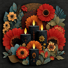 Day of the Dead floral arrangement with candles