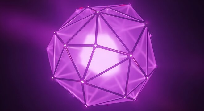 Glowing geometric structure with interconnected lines and nodes, emitting a soft purple light.