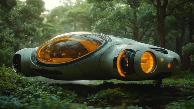 Futuristic Concept Hover Car Levitating in a Lush Green Forest.