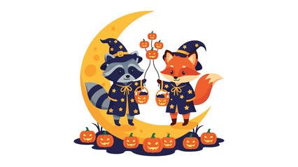 Spooky Companions Under the Moon: A whimsical illustration of two costumed animals, embracing the essence of Halloween, stands beneath a luminous crescent moon, illuminated by jack-o'-lanterns