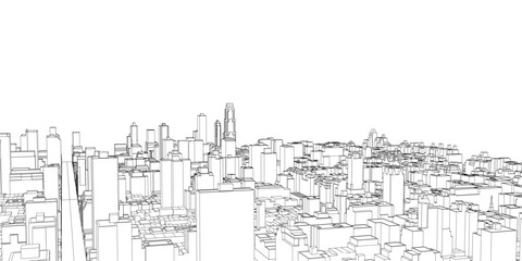 Detailed black and white contour drawing of a bustling cityscape with sketched buildings. The urban landscape is rendered on a clean white background.