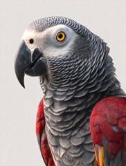 Obraz premium Close up of a grey parrot with grey and red feathers