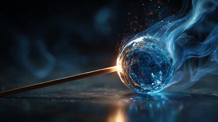 ultra-realistic 3d a matchstick igniting a glowing blue water sphere, dramatic lighting, dark background, high detail, cinematic realism, premium stock photo style