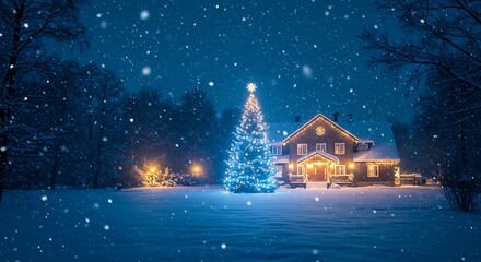 Snow-covered house with illuminated Christmas tree at night during snowfall