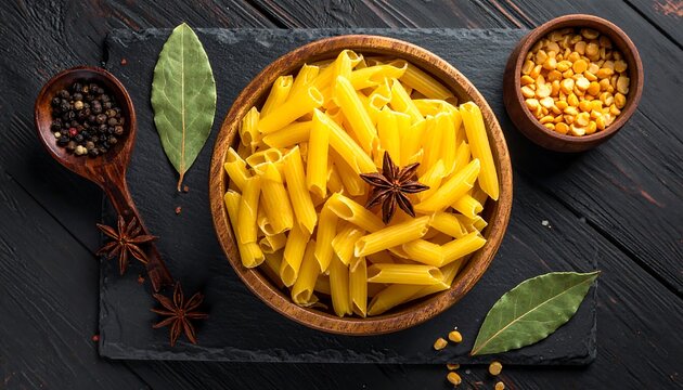 Wooden bowl of pasta with spices