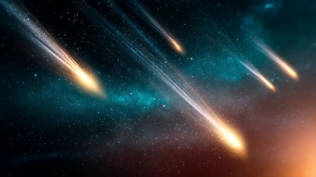 comets. Double spiral star trails across a velvet night sky, accented by glowing meteor streaks. travel magazines, destination branding, designed for outdoor magazines and nature guides.