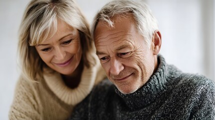Elderly couple discusses retirement planning reviewing financial documents in soft warm light