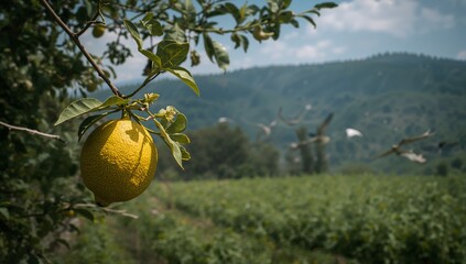 A ripe, yellow lemon hangs from a branch, bathed in sunlight, against a backdrop of a lush green field and distant mountains.