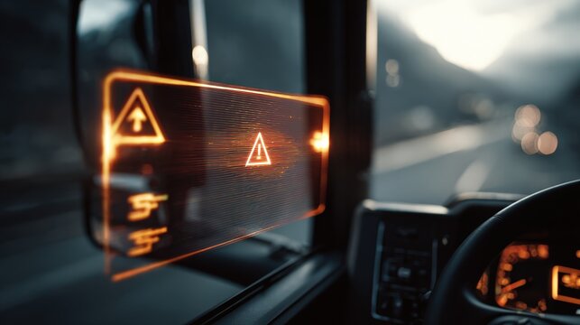 Hazard alert symbols glowing sharply on semitransparent AR interface forewarning a sharp curve ahead while the truck interior and scenery fade into blur.