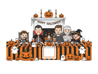 Halloween Gathering Illustration: A festive Halloween scene with costumed characters gathered around a table, surrounded by spooky decorations, pumpkins, and candles.