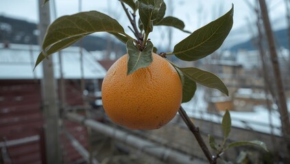 Close-up of a vibrant orange fruit hanging from a branch, surrounded by greenery and a backdrop of winter scenery.