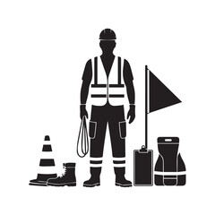 Vector art of silhouette of a construction worker with safety equipment including a hard hat, vest, cones, and flag