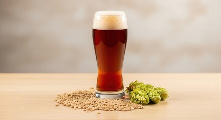 Amber beer served in a glass with barley and hops on wooden table  