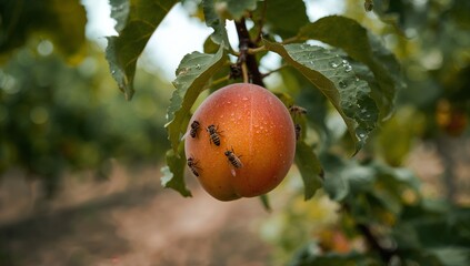 A ripe, orange-hued plum hangs on a branch, covered in small, dark-bodied insects.