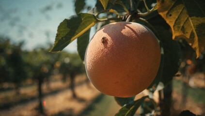 Close-up of a ripe, peach-colored fruit hanging from a branch, bathed in sunlight, surrounded by blurred orchard trees.