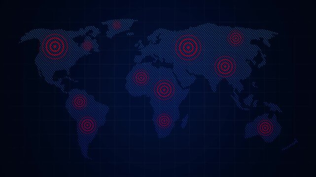 Digital world map with red dots and glowing circles indicating areas of concentration or activity. World map of virus, virus infection with spread area

