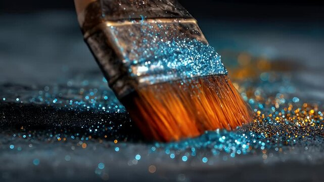 Close-up of Paintbrush Strokes on Canvas with Glitter.