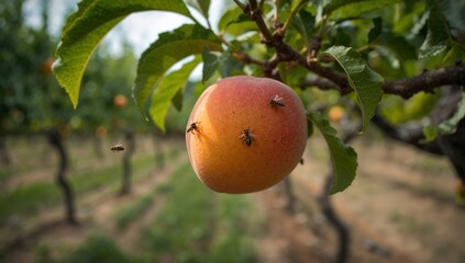 A ripe peach hangs from a branch, surrounded by buzzing bees, in a sun-drenched orchard.