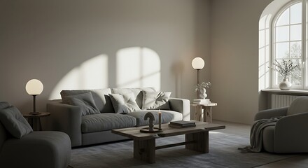 Bright Modern Living Room with Neutral Colors Soft Lighting and Large Window