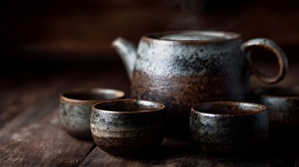 A rustic ceramic tea set with steaming teapot and cups rests on a dark wooden table