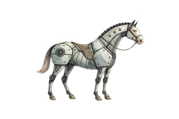 Fototapeta premium Steampunk mechanical horse illustration with metal armor plates rivets and brown leather saddle details, isolated on a transparent background