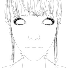 A girl's face in black and white contour line art, featuring long flowing hair and a minimalist style against a plain white background.