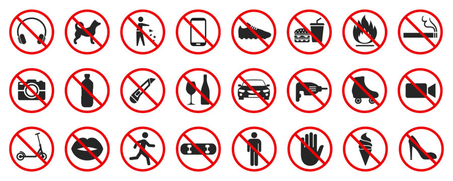 Prohibited icons set, forbidden symbols isolated, do not no red round signs