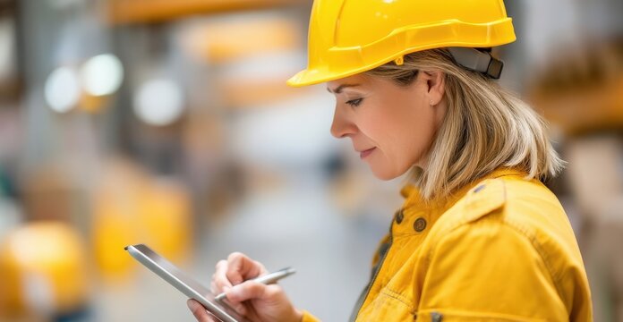 maintenance technical repair maintenance schedule concept. Professional woman in a hard hat using a tablet in a warehouse.