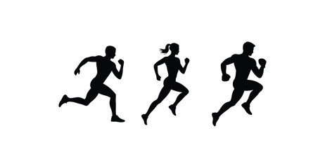  Silhouettes of three people running — black and white vector icon symbolizing fitness, motion, athleticism, teamwork, health, and activity