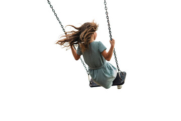 Girl swinging sideways view, windswept hair in striped outfit, playful childhood activity and movement frozen, isolated on a transparent background