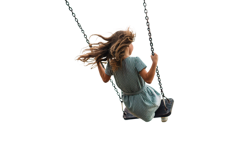 Girl swinging sideways view, windswept hair in striped outfit, playful childhood activity and movement frozen, isolated on a transparent background