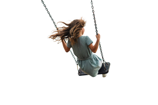 Girl swinging sideways view, windswept hair in striped outfit, playful childhood activity and movement frozen, isolated on a transparent background