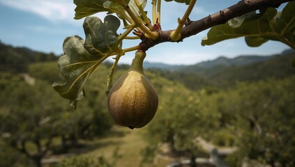 Ripe fig hangs from a branch, bathed in natural light, against a backdrop of rolling hills and lush greenery.
