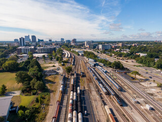 Various Late Morning Drone Images of Downtown Raleigh And Surrounding Neighborhoods Including Seaboard, Glenwood South, Village District, and Smoky Hollow. 