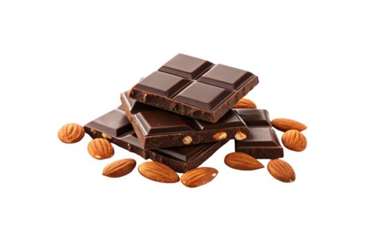 Dark chocolate bar squares stacked with whole almonds scattered around the chocolate pile casually, isolated on a transparent background