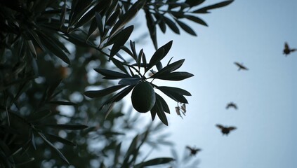 A single olive fruit hangs from a branch, surrounded by dark, leafy foliage against a pale sky with birds in flight.