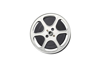 Obraz premium Metal film reel with wound black celluloid tape circular movie storage device vintage, isolated on a transparent background