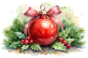 Watercolor Christmas Ornament with Red Bow Surrounded by Holly and Pine Branches bauble decoration isolated on a transparent background