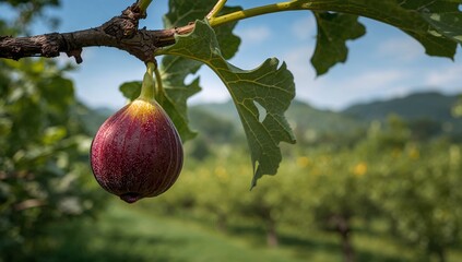 A single, vibrant purple fig hangs from a branch, highlighted against a blurred backdrop of lush green foliage and a distant mountain range.