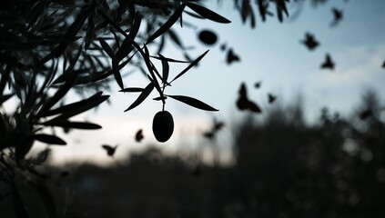Silhouetted olive branch with fruit and blurred flying insects against a soft, twilight sky.