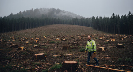 environmentalist observing deforestation impact in misty forest with tree stumps and hills