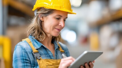 maintenance technical repair maintenance schedule concept. Woman in safety gear using a tablet in a warehouse environment.