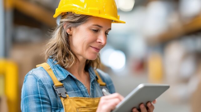 maintenance technical repair maintenance schedule concept. Woman in safety gear using a tablet in a warehouse environment.