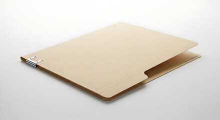 A beige manila file folder with a metal fastener lies open on a white surface, casting a soft shadow.