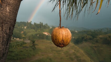 A ripe coconut hangs from a palm tree branch, showcasing a lush landscape with a vibrant rainbow in the background.