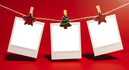 Three blank christmas photo cards hanging on a twine line