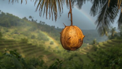 A single, dried coconut hangs from a palm tree branch,  with a beautiful rainbow visible over a blurred landscape of terraced rice paddies and hills.